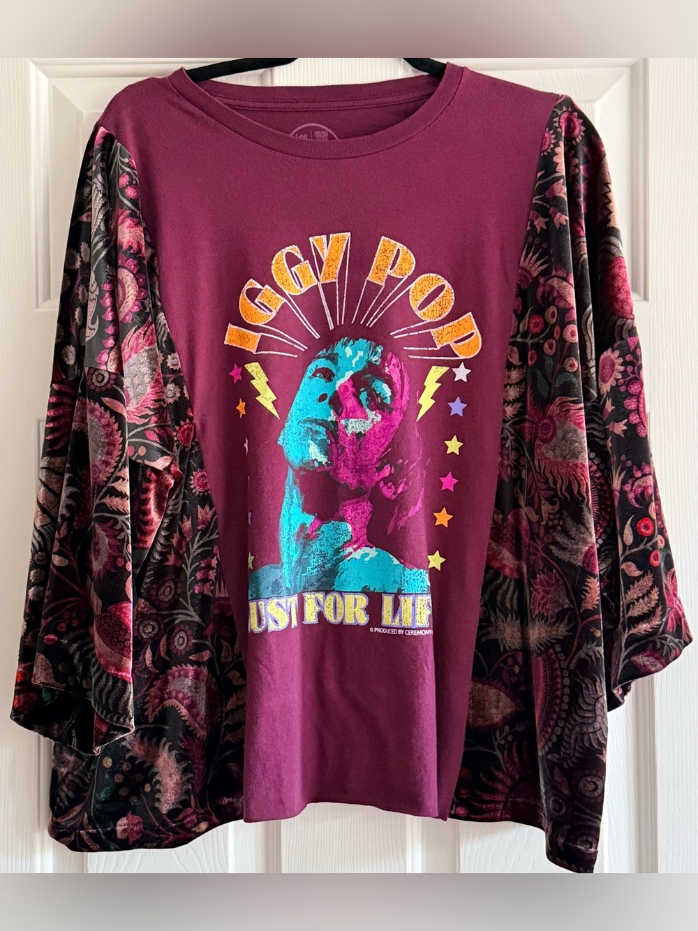 Custom Upcycled IGGY POP Poncho Top Faux Velvet Sleeves OSFM